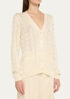 Ralph Lauren CollectionHigh Shine Cable-Knit Cashmere Cardigan Sweater, Cream