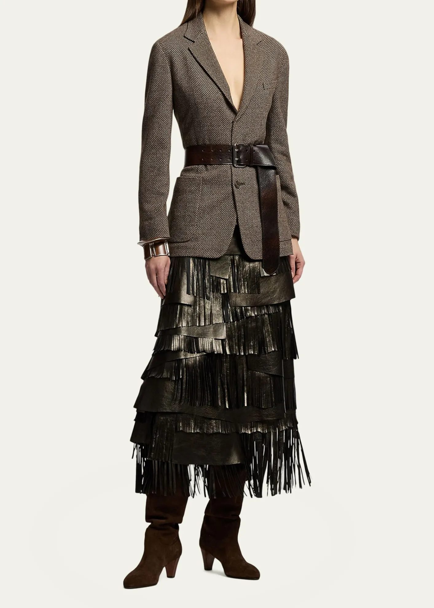 Ralph Lauren CollectionMetallic Leather Tiered Fringe Midi Skirt