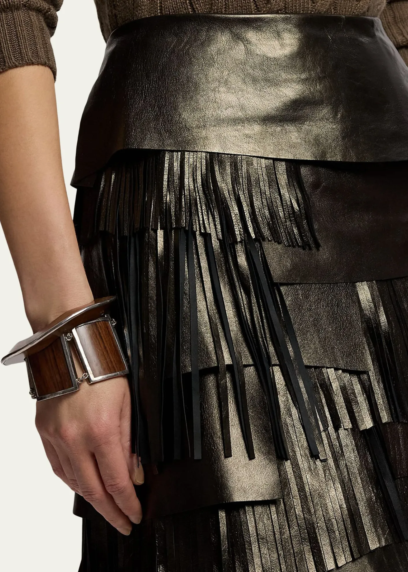 Ralph Lauren CollectionMetallic Leather Tiered Fringe Midi Skirt