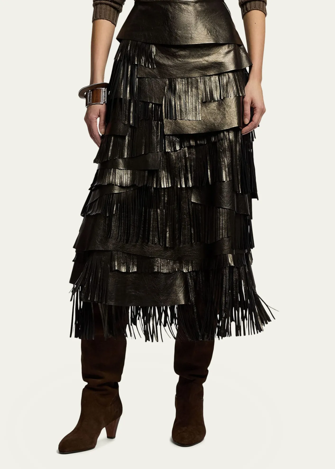 Ralph Lauren CollectionMetallic Leather Tiered Fringe Midi Skirt
