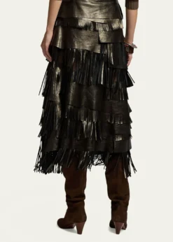 Ralph Lauren CollectionMetallic Leather Tiered Fringe Midi Skirt