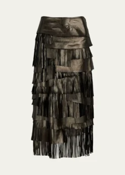 Ralph Lauren CollectionMetallic Leather Tiered Fringe Midi Skirt