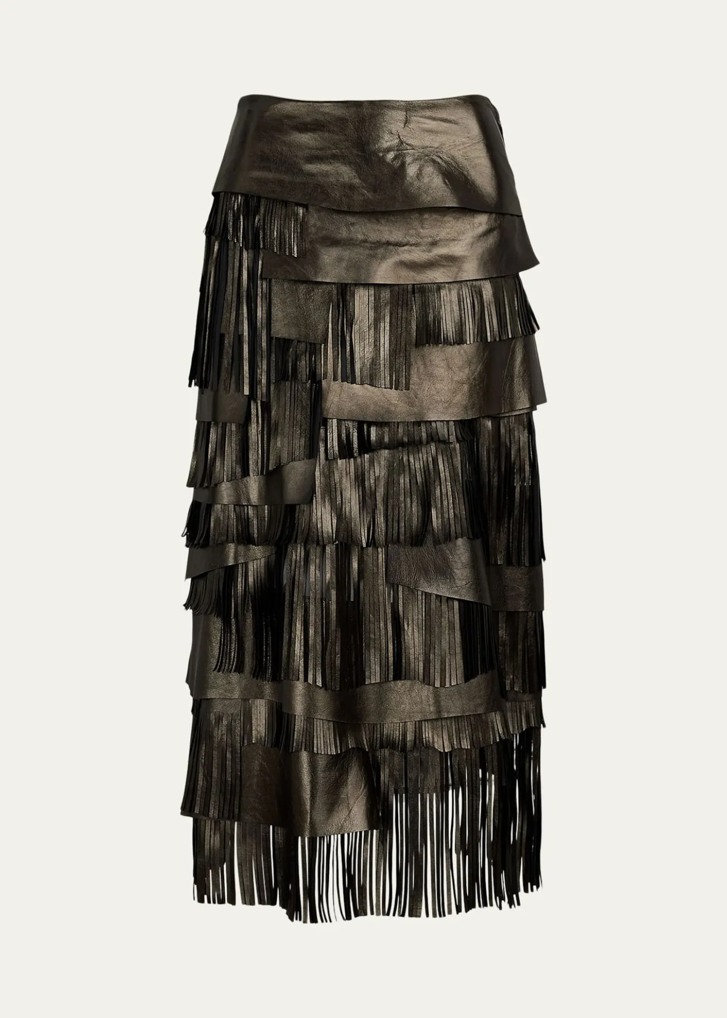 Ralph Lauren CollectionMetallic Leather Tiered Fringe Midi Skirt