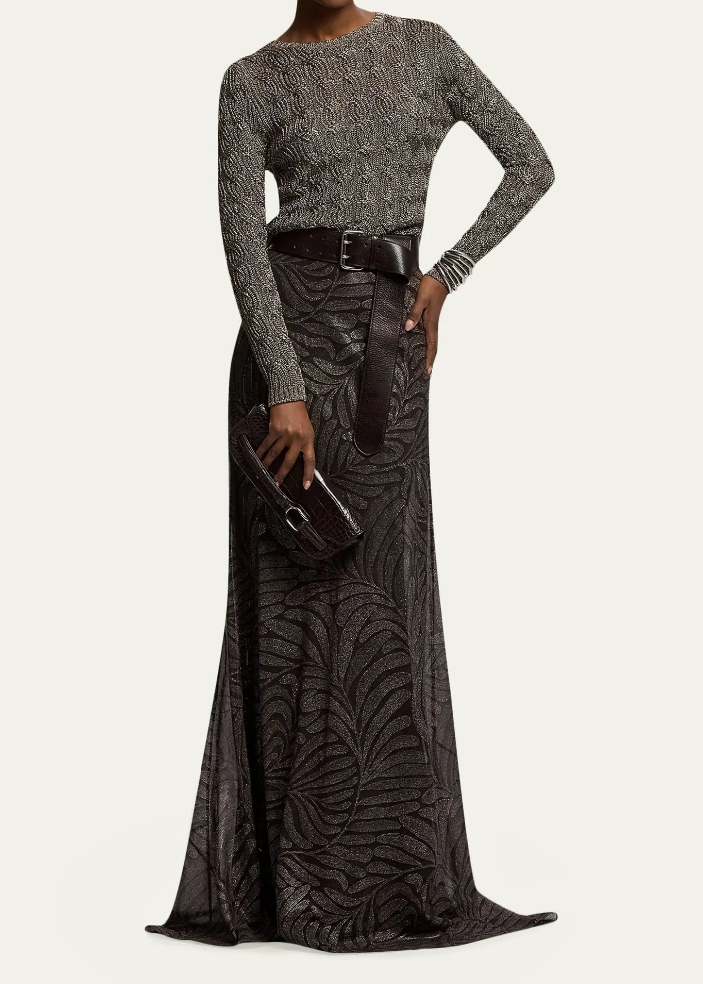 Ralph Lauren CollectionMetallic Cable-Knit Crewneck Sweater