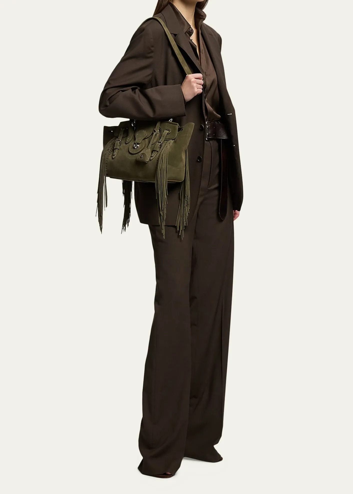 Ralph Lauren CollectionSoft Ricky 27 Fringe-Trim Suede Shoulder Bag