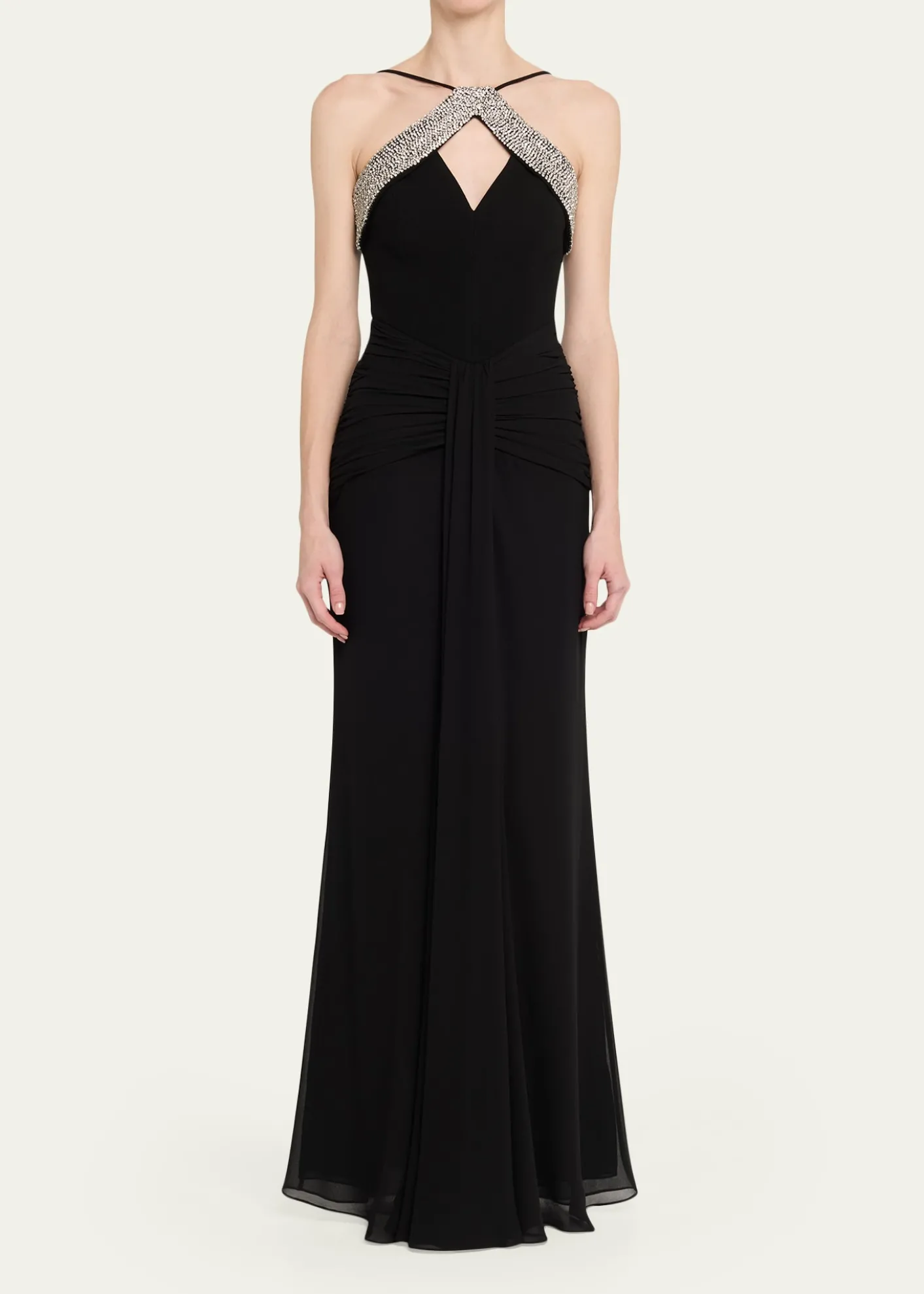 REBECCA VALLANCEAstros Draped Crystal-Trim Halter Gown