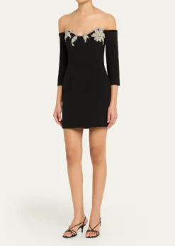 REBECCA VALLANCEEllerie Floral Diamante Off-Shoulder Mini Dress