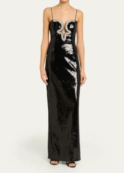 REBECCA VALLANCELyra Plunging Diamante Snake-Trim Sequin Gown