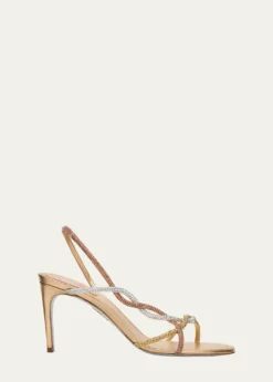 Rene CaovillaThree-Tone Crystal Satin Braid Halter Sandals