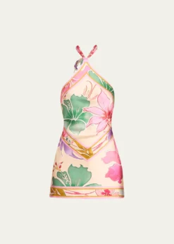 RetrofeteAdelaide Floral Silk Knotted Halter Overlay Mini Dress