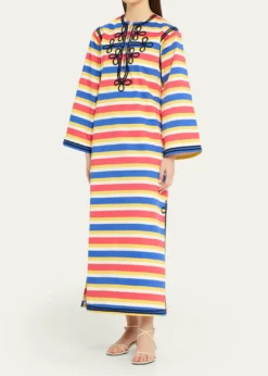 Rianna + NinaEmbroidered Striped Cotton Maxi Dress