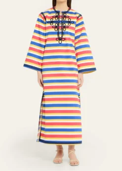 Rianna + NinaEmbroidered Striped Cotton Maxi Dress