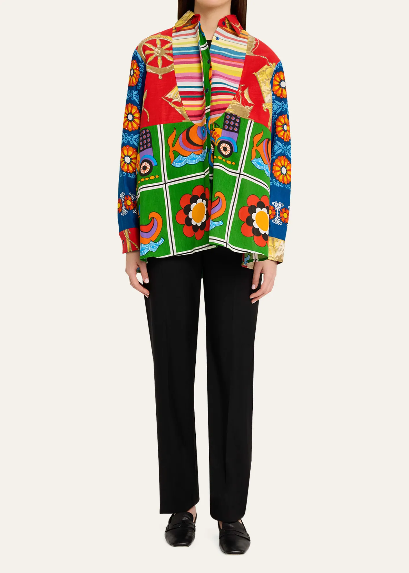 Rianna + NinaMixed-Print Bib Button-Down Shirt