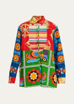 Rianna + NinaMixed-Print Bib Button-Down Shirt