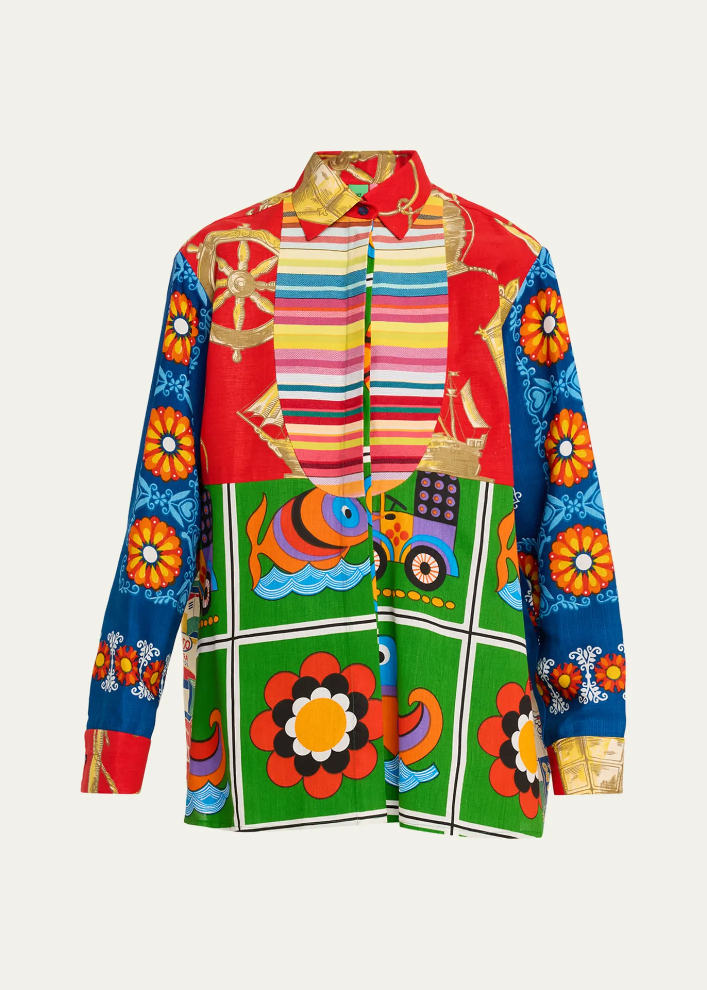 Rianna + NinaMixed-Print Bib Button-Down Shirt
