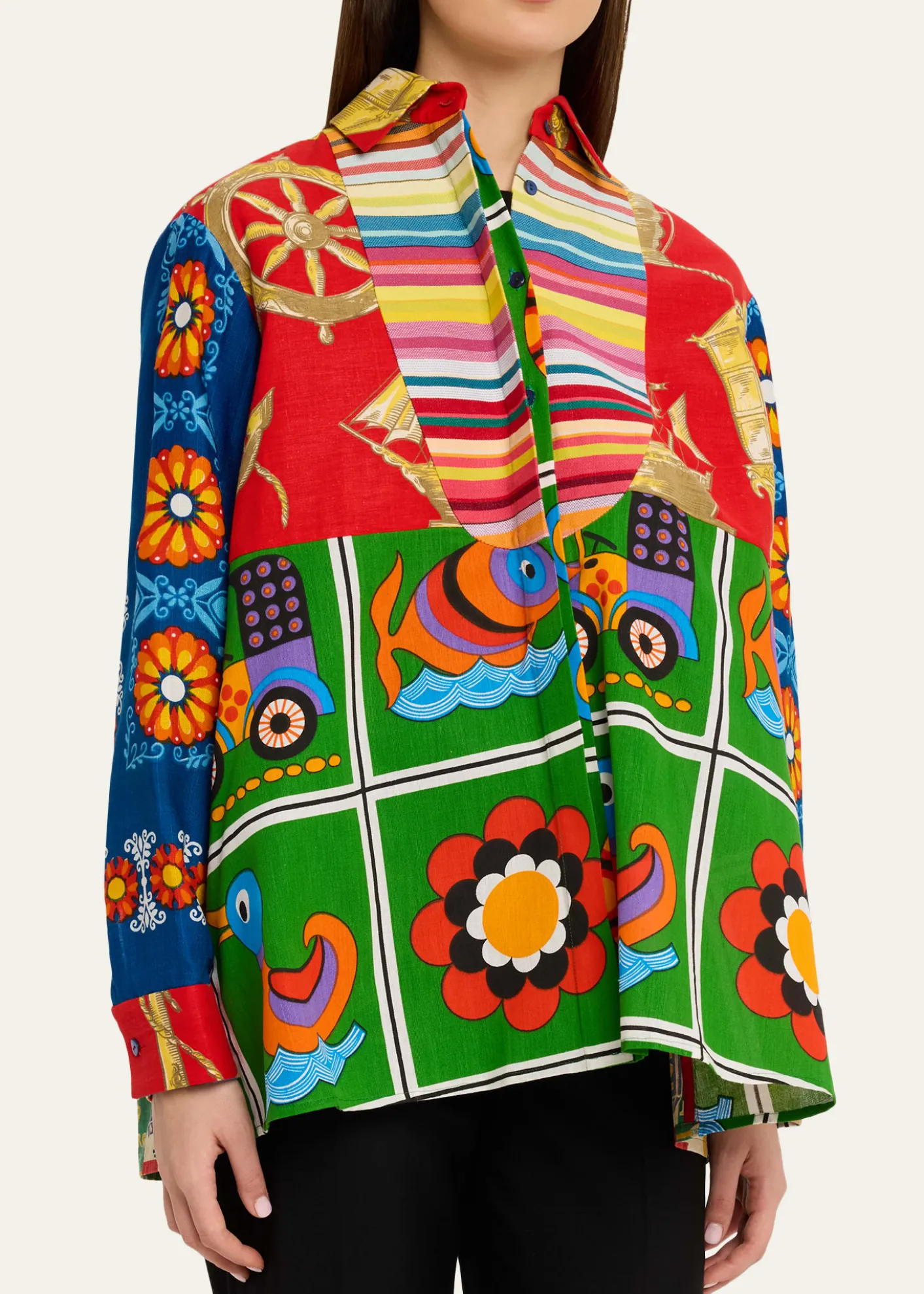 Rianna + NinaMixed-Print Bib Button-Down Shirt
