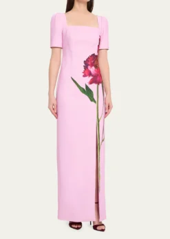 Rickie Freeman for Teri JonBeaded Floral-Print Crepe Column Gown