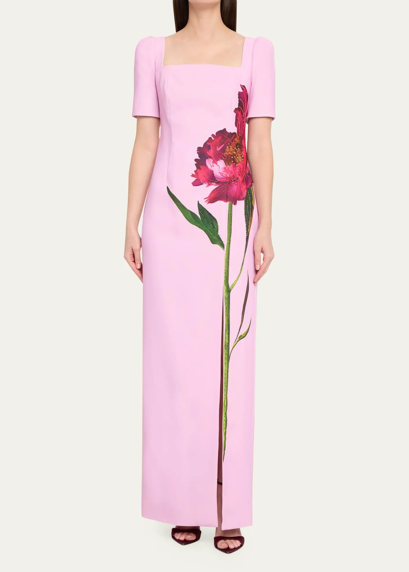 Rickie Freeman for Teri JonBeaded Floral-Print Crepe Column Gown