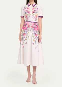 Rickie Freeman for Teri JonBelted Floral-Print Cotton Midi Shirtdress
