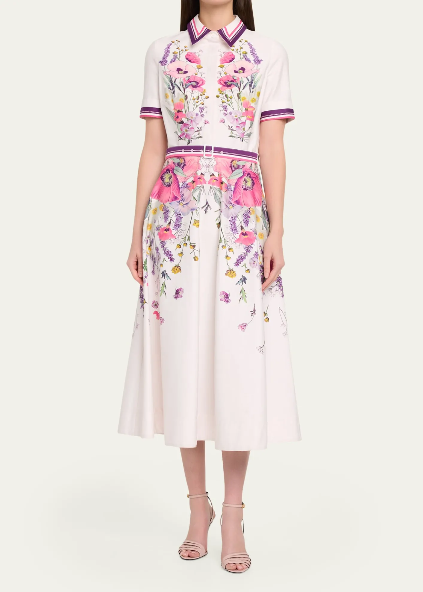 Rickie Freeman for Teri JonBelted Floral-Print Cotton Midi Shirtdress