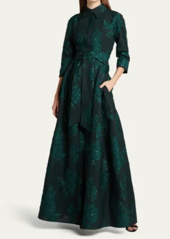 Rickie Freeman for Teri JonBelted Jacquard Shirtdress Gown