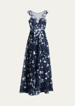 Rickie Freeman for Teri JonCap-Sleeve Embroidered Tulle A-Line Gown