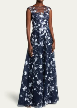 Rickie Freeman for Teri JonCap-Sleeve Embroidered Tulle A-Line Gown