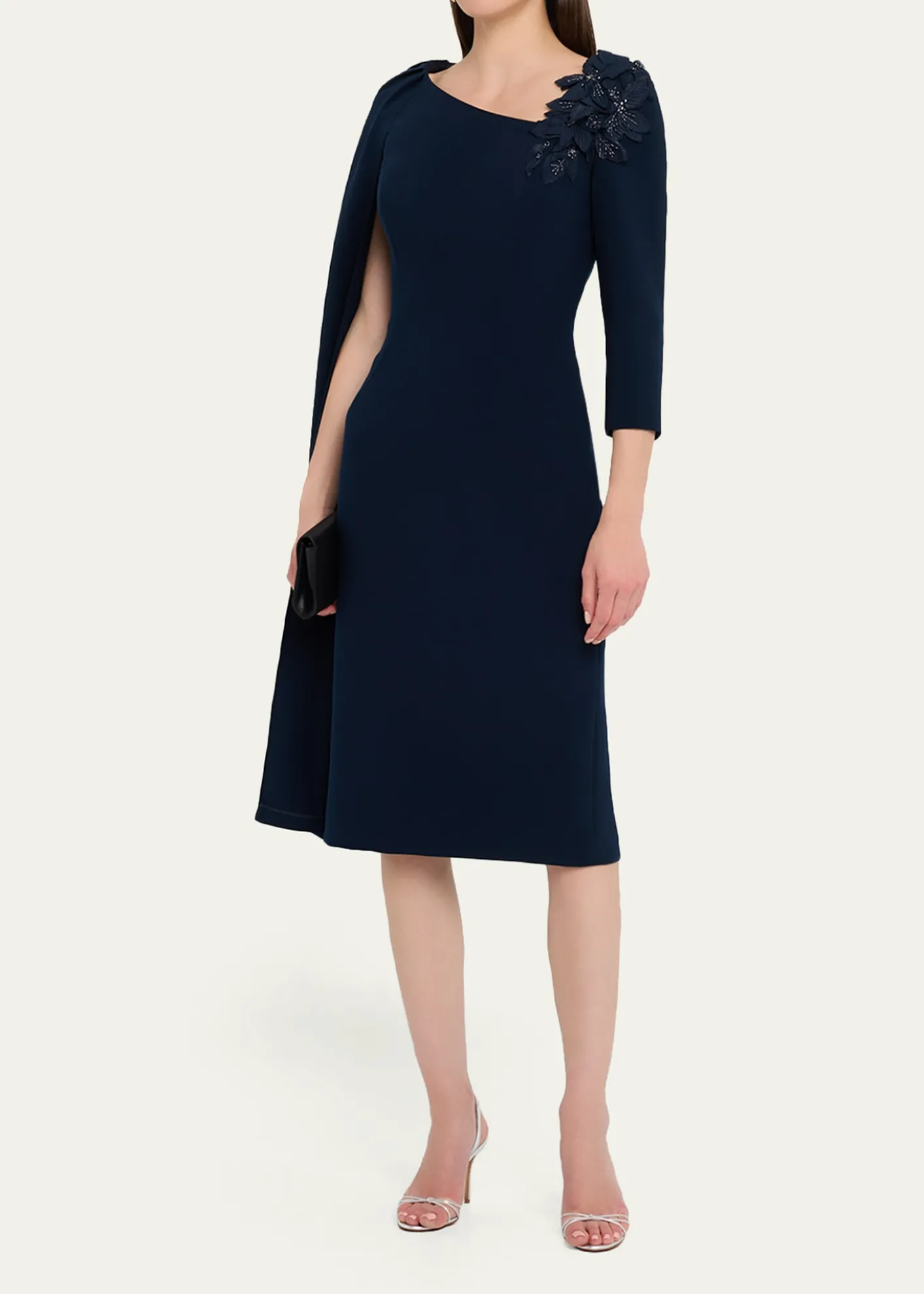 Rickie Freeman for Teri JonCape-Sleeve Crepe Midi Dress