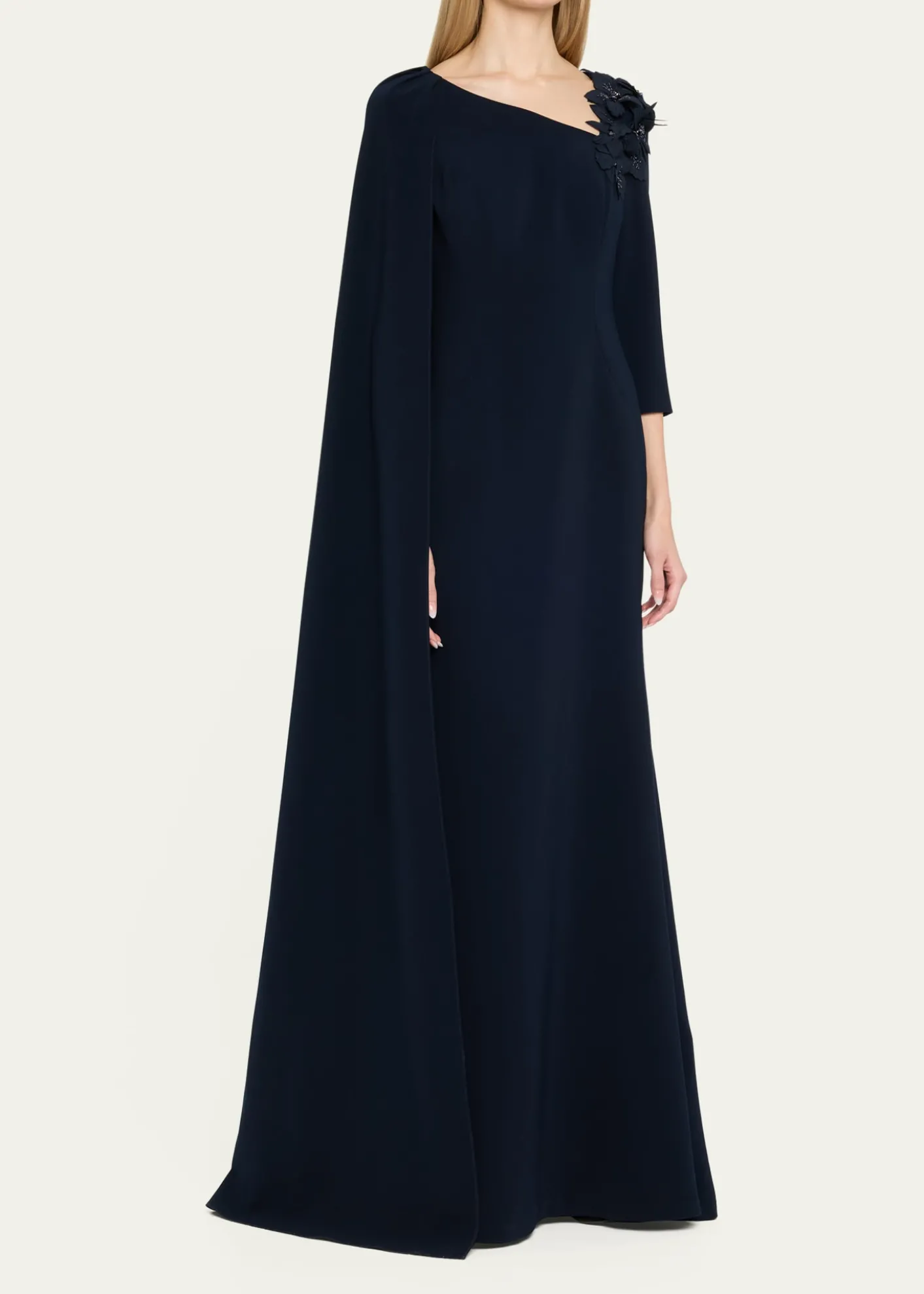 Rickie Freeman for Teri JonCape-Sleeve Floral Applique Trumpet Gown