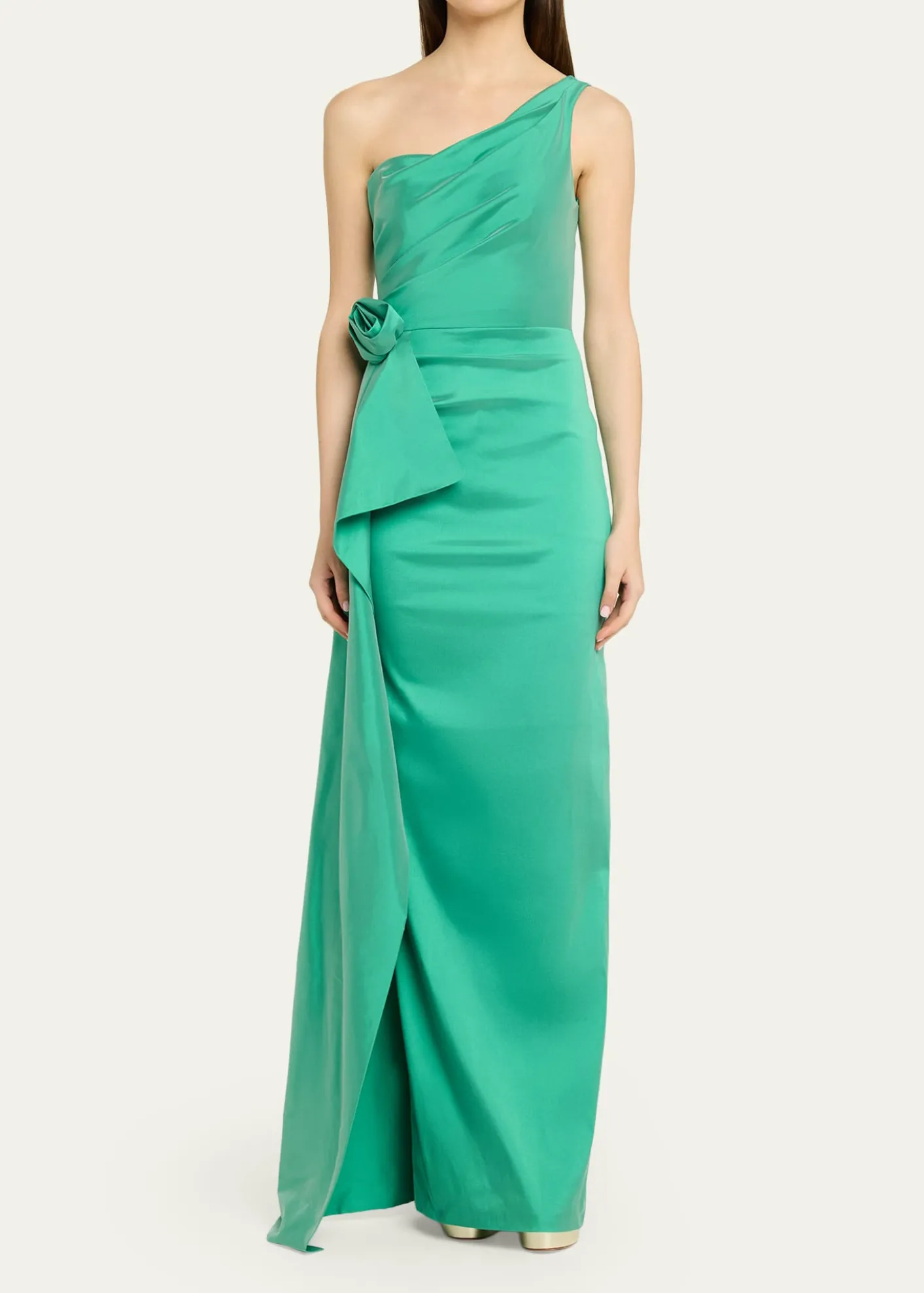 Rickie Freeman for Teri JonDraped One-Shoulder Taffeta Column Gown