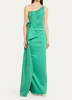 Rickie Freeman for Teri JonDraped One-Shoulder Taffeta Column Gown