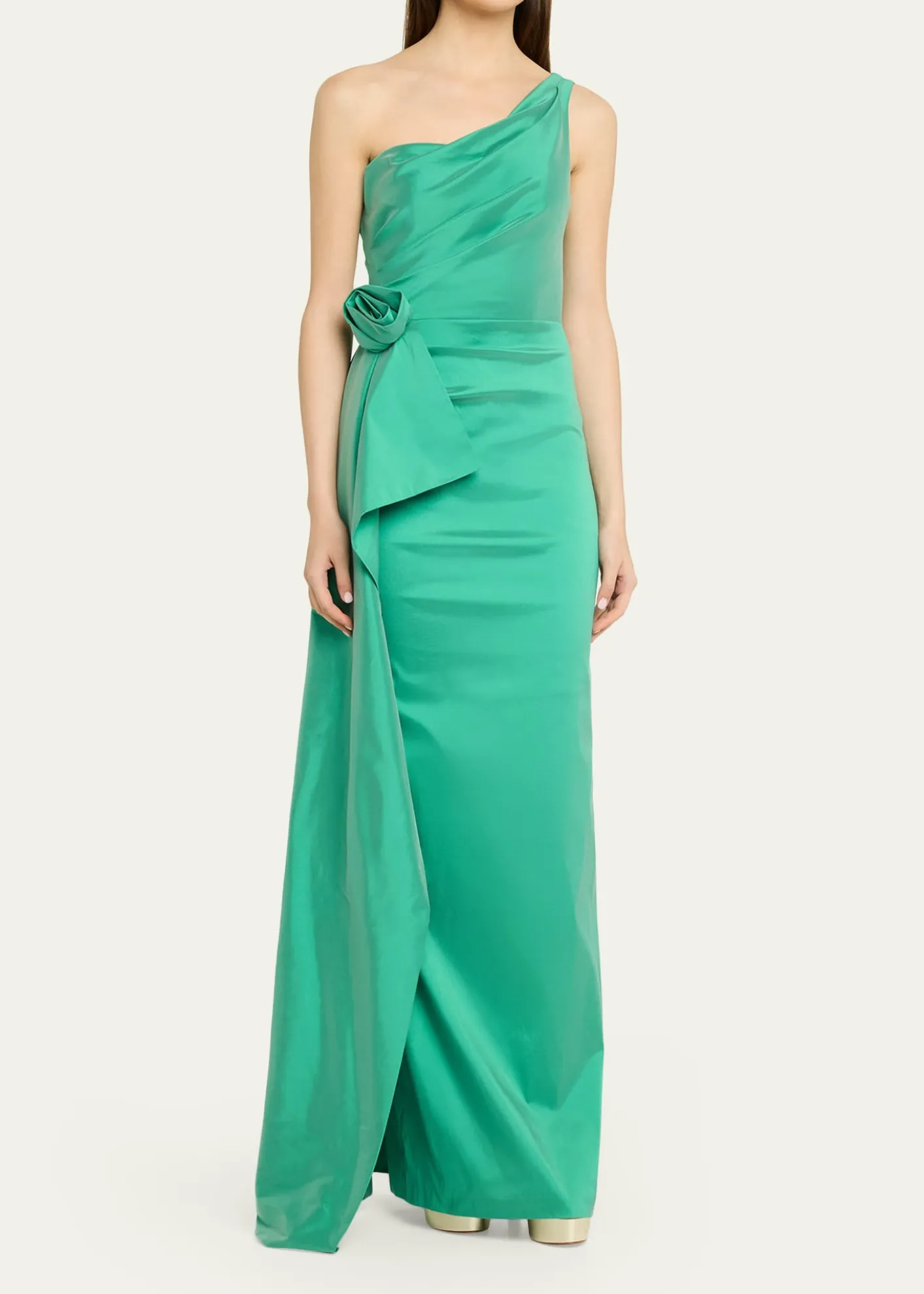 Rickie Freeman for Teri JonDraped One-Shoulder Taffeta Column Gown