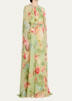Rickie Freeman for Teri JonFloral-Print Chiffon Cape Gown