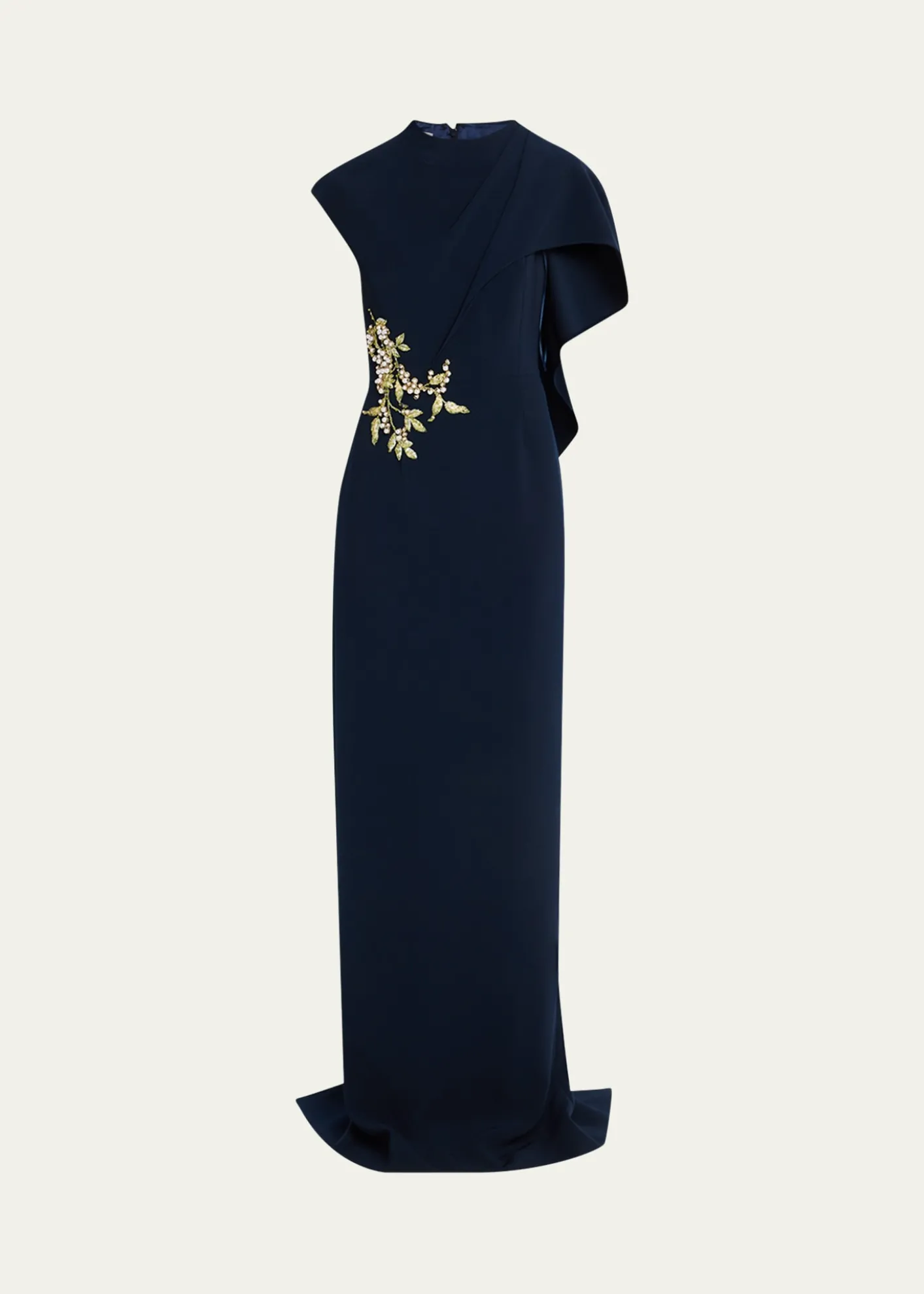 Rickie Freeman for Teri JonFloral-Embroidered Asymmetric Capelet Gown