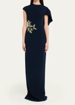 Rickie Freeman for Teri JonFloral-Embroidered Asymmetric Capelet Gown