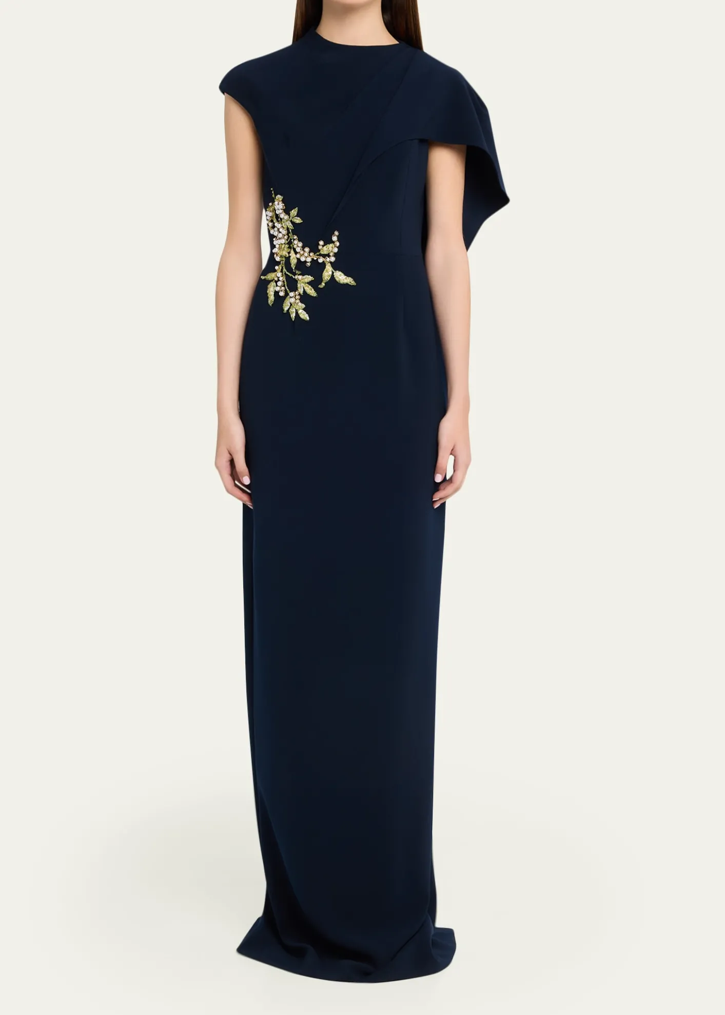 Rickie Freeman for Teri JonFloral-Embroidered Asymmetric Capelet Gown