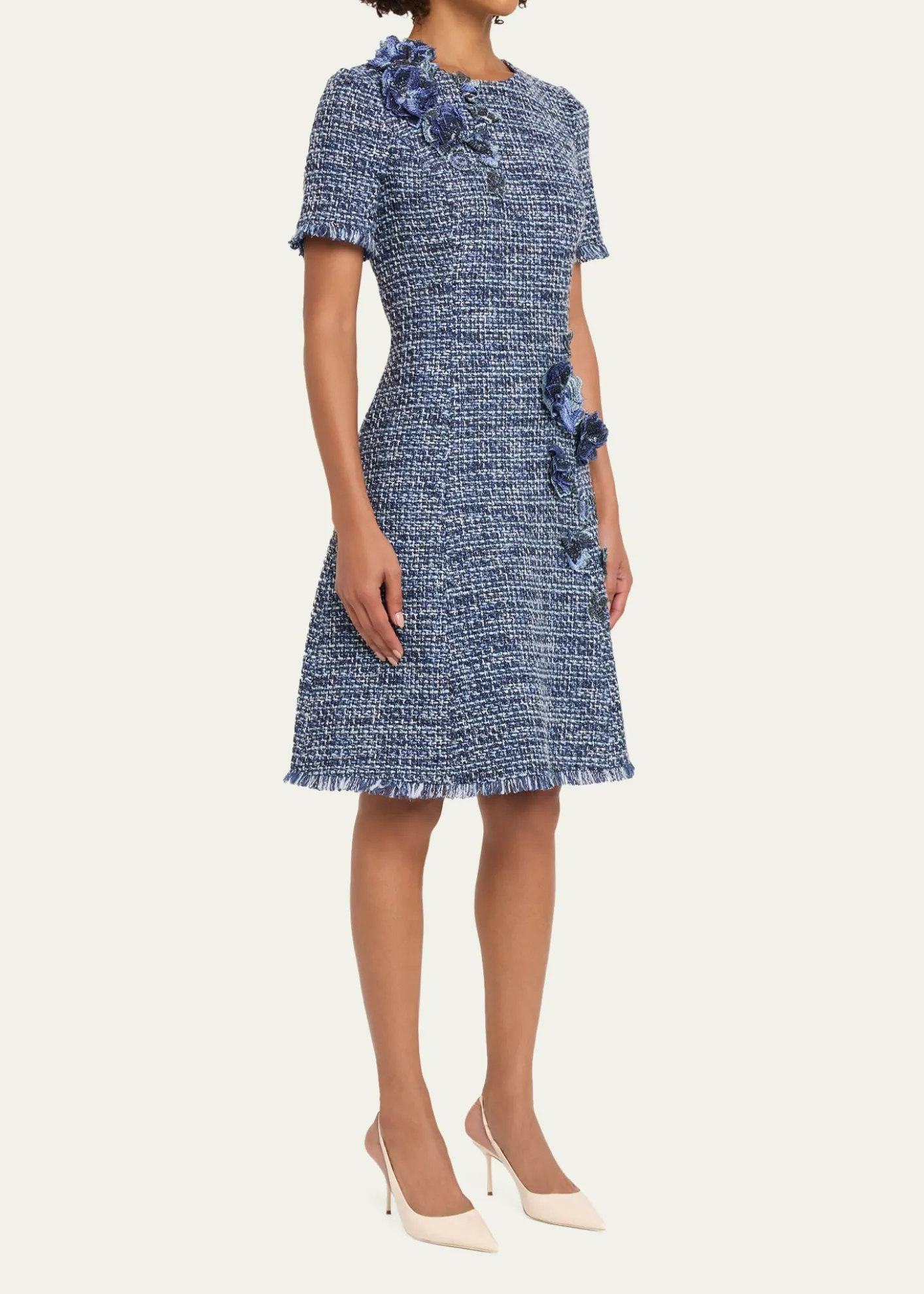 Rickie Freeman for Teri JonFloral Tweed Short-Sleeve Dress
