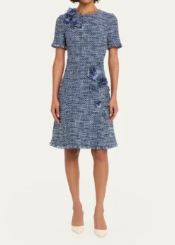 Rickie Freeman for Teri JonFloral Tweed Short-Sleeve Dress