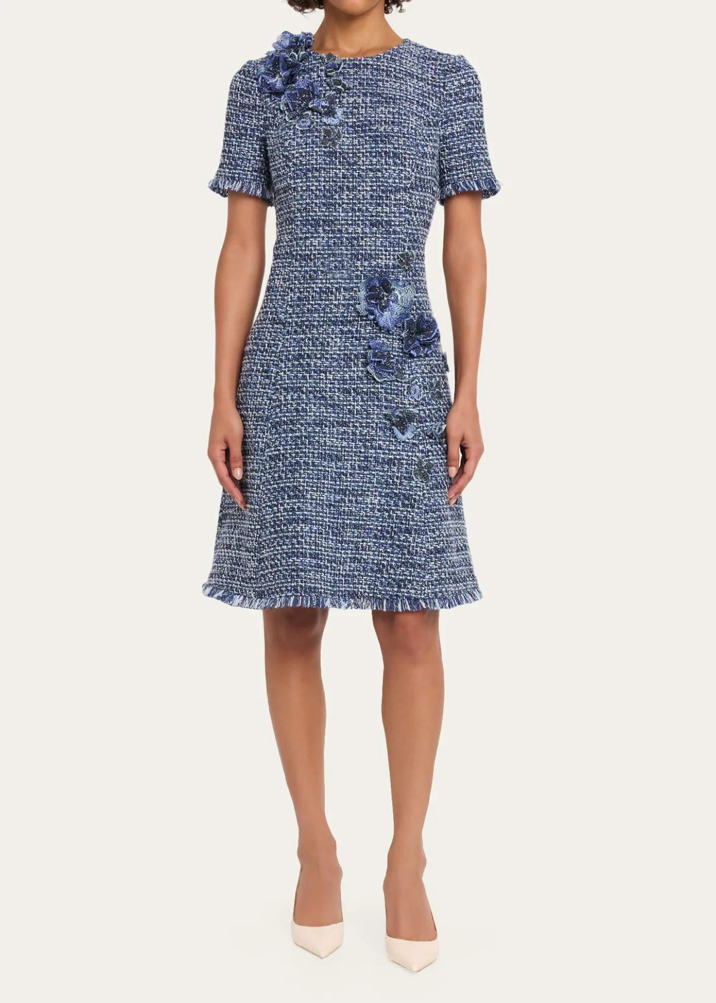 Rickie Freeman for Teri JonFloral Tweed Short-Sleeve Dress