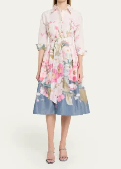 Rickie Freeman for Teri JonFloral-Print Taffeta Midi Shirtdress