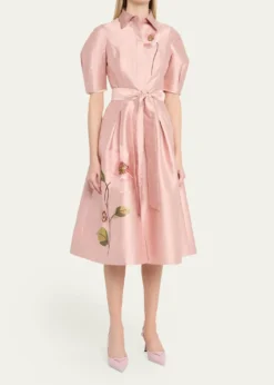 Rickie Freeman for Teri JonFloral-Embroidered Shimmer Jacquard Midi Shirtdress