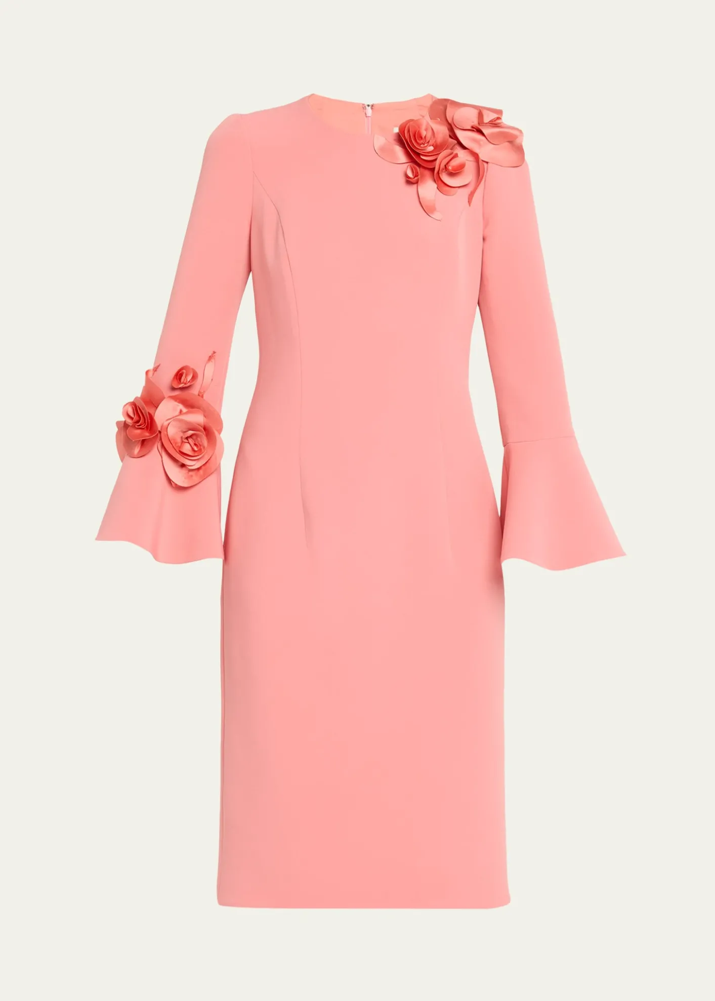 Rickie Freeman for Teri JonFloral Applique Flare-Cuff Crepe Dress