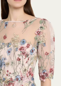 Rickie Freeman for Teri JonFloral-Embroidered Illusion Tulle Gown