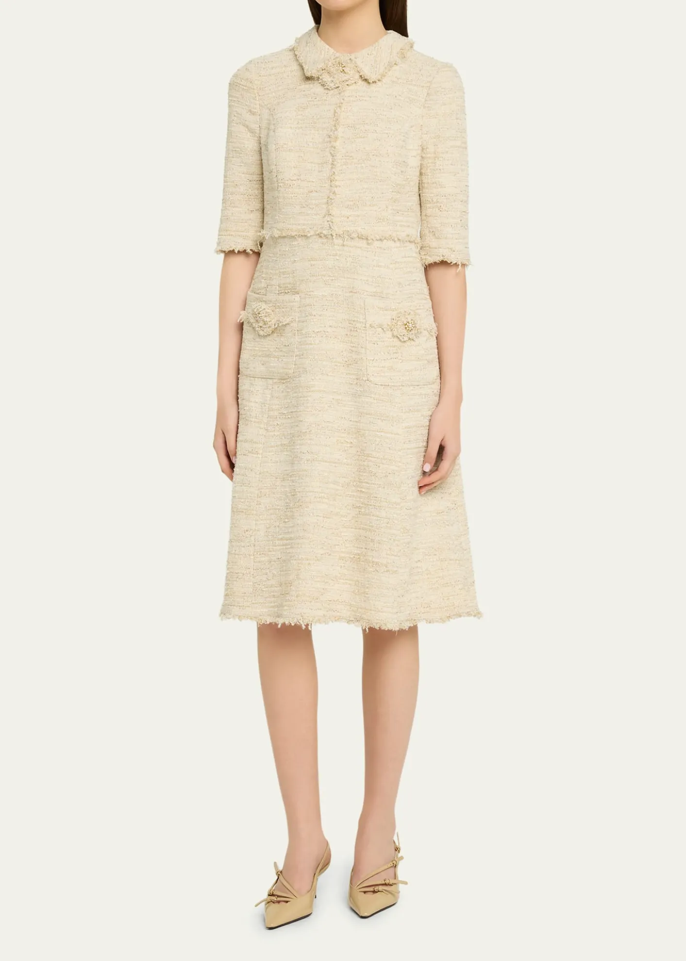 Rickie Freeman for Teri JonFringe-Trim Metallic Tweed Dress