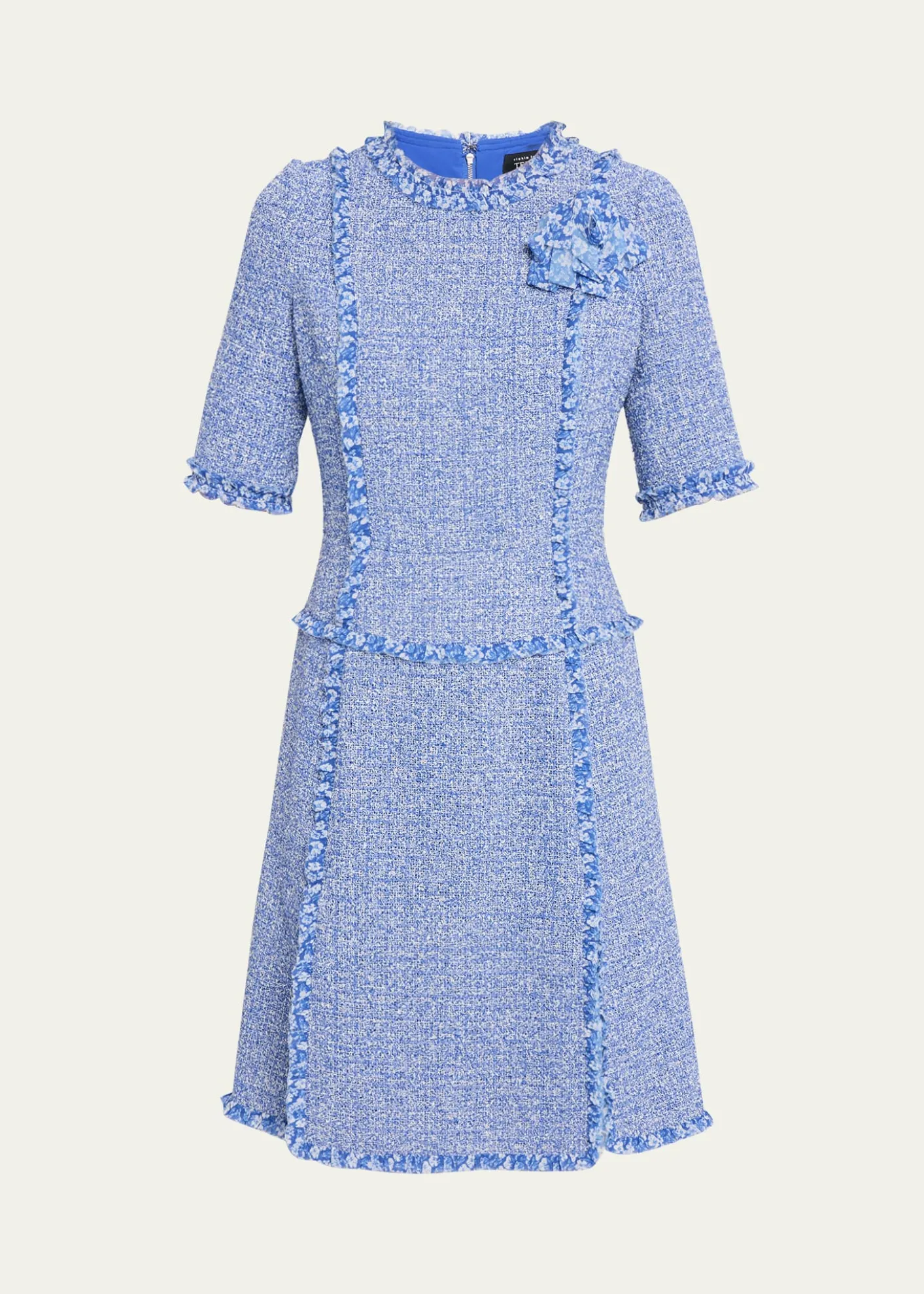 Rickie Freeman for Teri JonFrayed-Trim Woven Tweed Dress