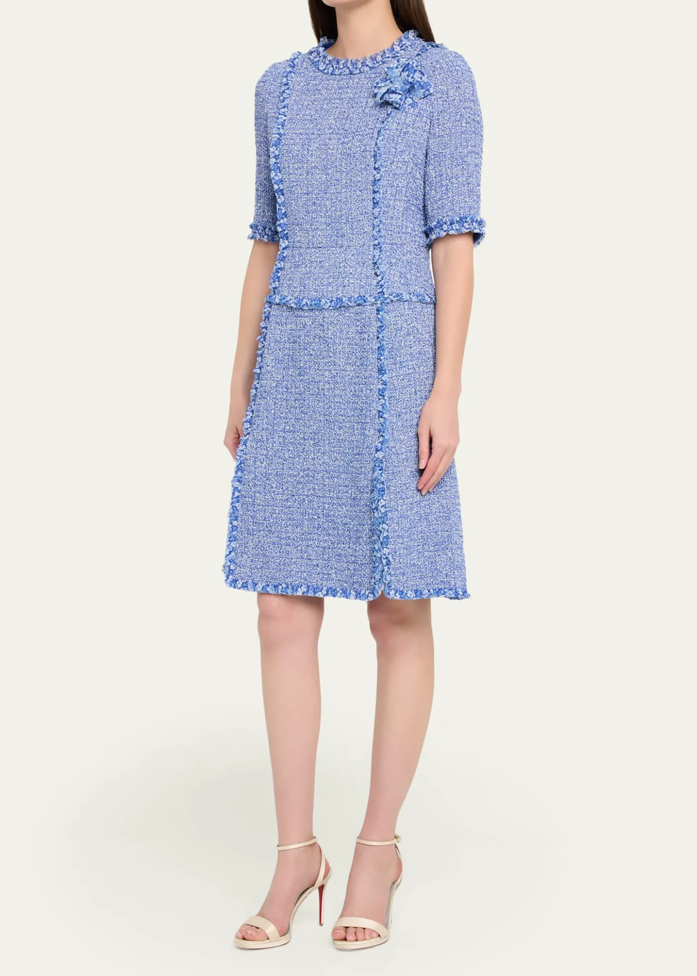 Rickie Freeman for Teri JonFrayed-Trim Woven Tweed Dress