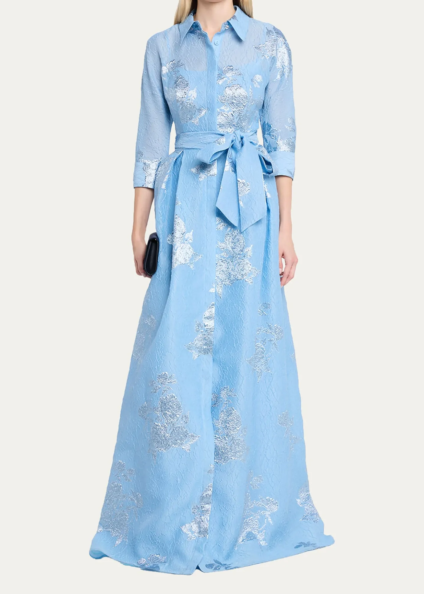 Rickie Freeman for Teri JonMetallic Jacquard Collared Long Dress