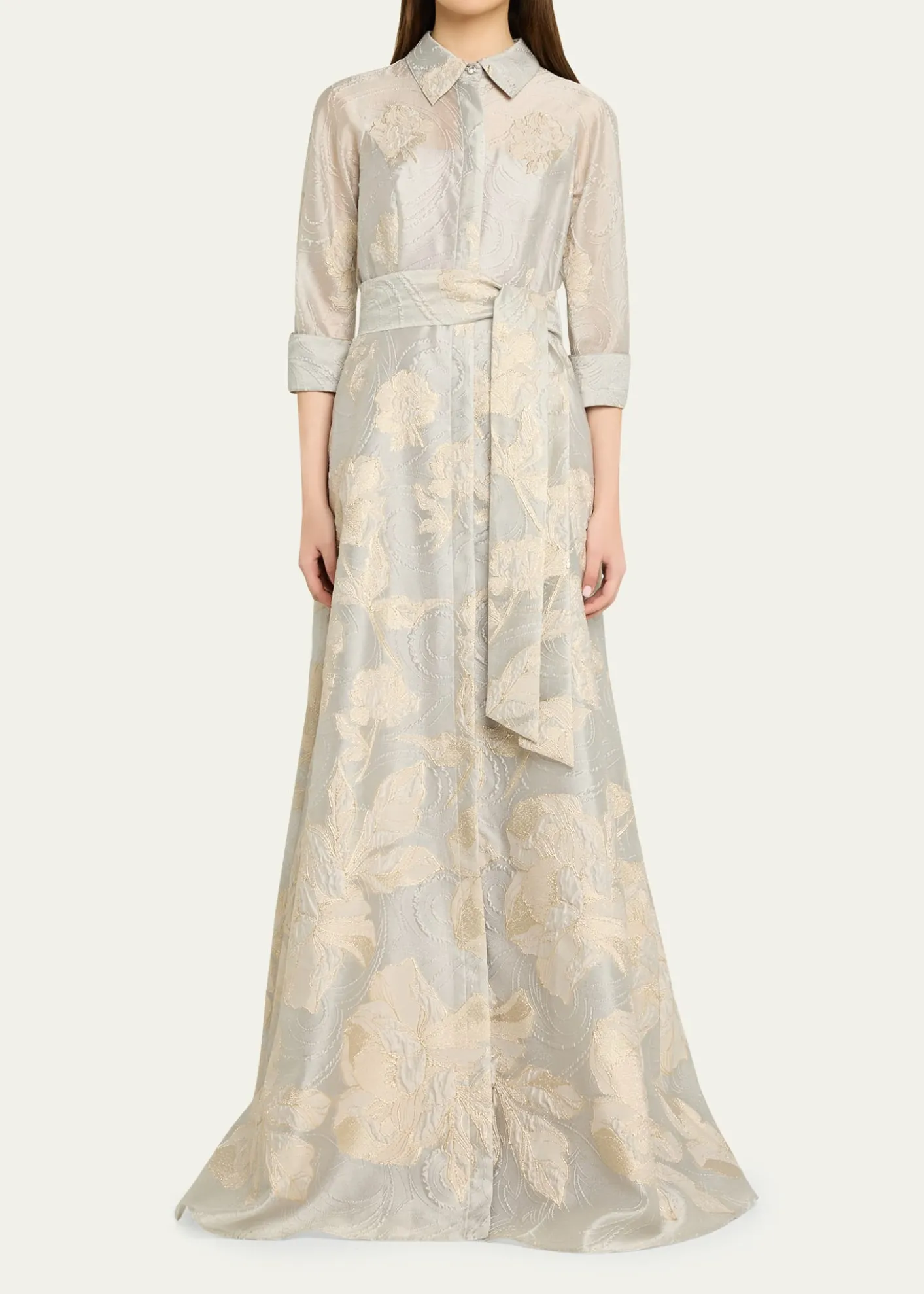 Rickie Freeman for Teri JonMetallic Floral Jacquard Shirt Gown