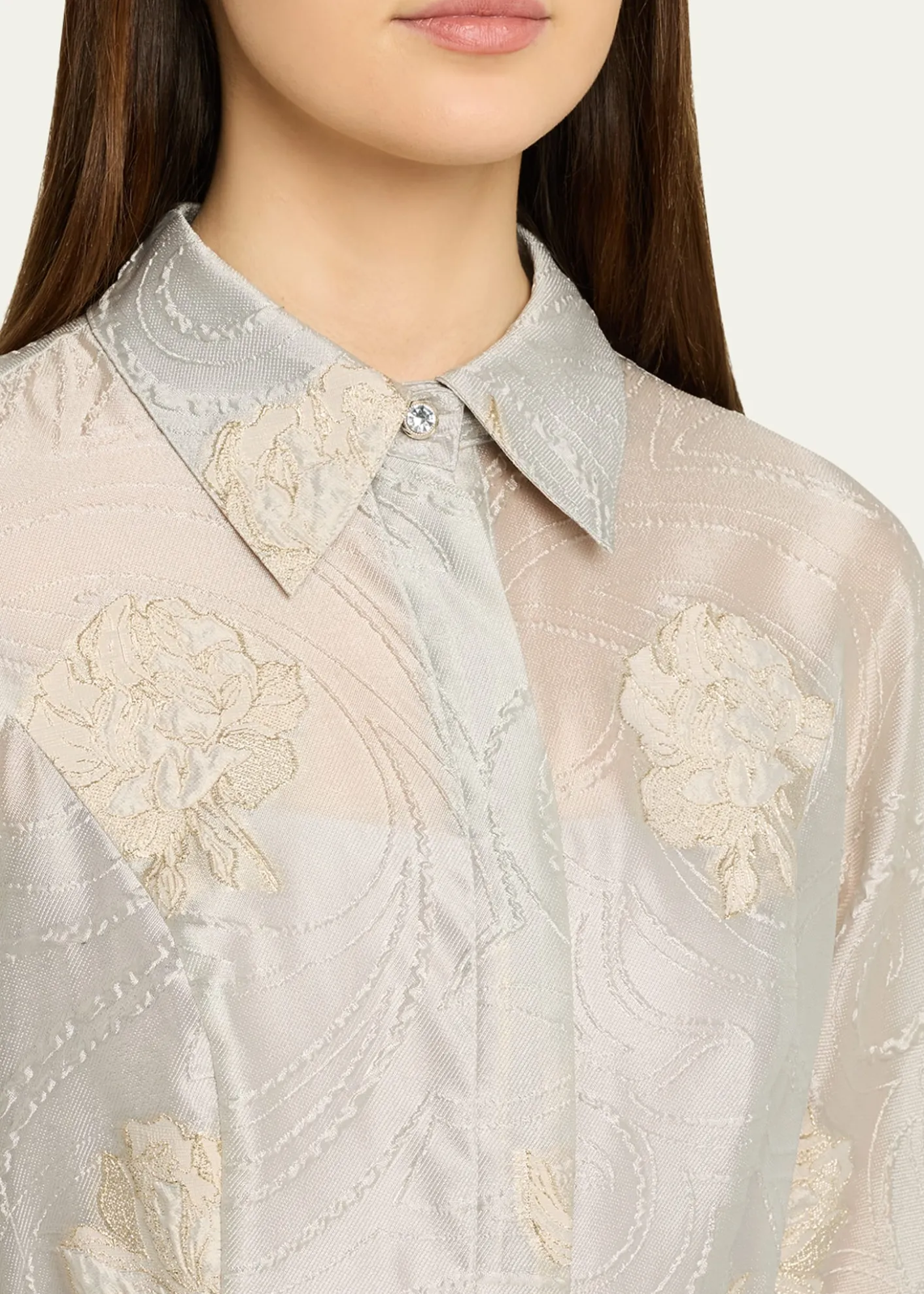 Rickie Freeman for Teri JonMetallic Floral Jacquard Shirt Gown