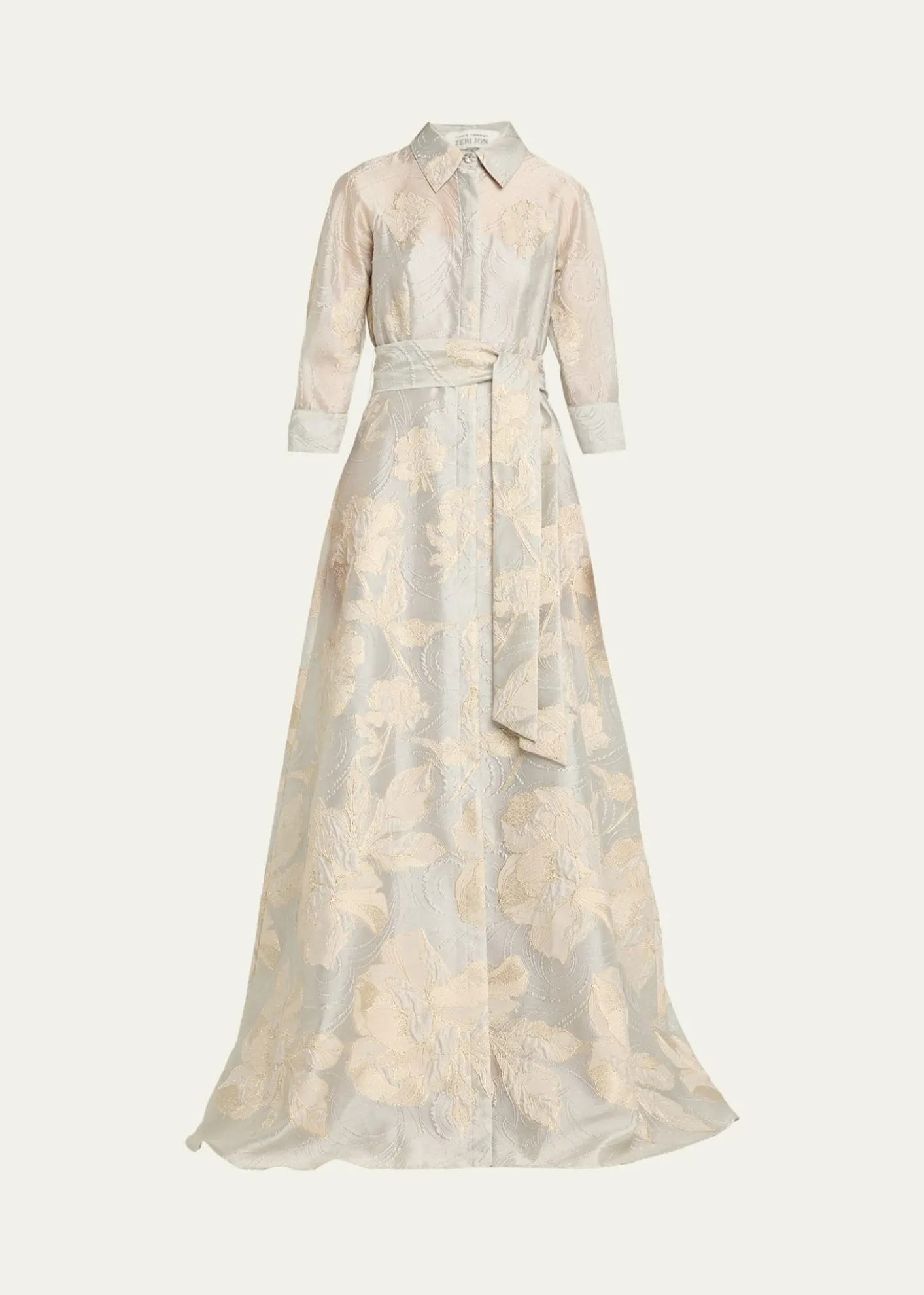 Rickie Freeman for Teri JonMetallic Floral Jacquard Shirt Gown